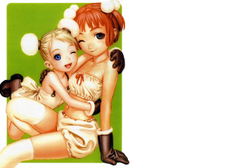 Cartoon hugging sisters blonde blue - white border free wallpaper