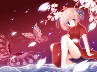 Girl wave butterfly kimono pink - white flower free wallpaper