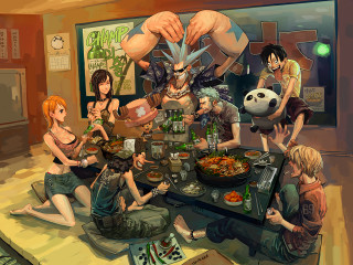Group dining pandas league odacyborg - a group of people sitting free wallpaper
