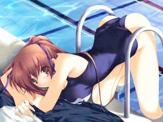 Woman swimsuit poolside lay water - a ladder free wallpaper