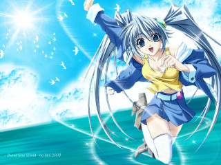 Anime girl blue outfit ocean - leg free wallpaper