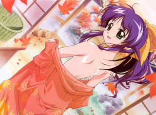 Woman dress autumn leaves kimono - sōsaku hanga free wallpaper