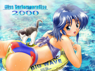 Cartoon girl bikini raft cats 2 - her back and a cat free wallpaper