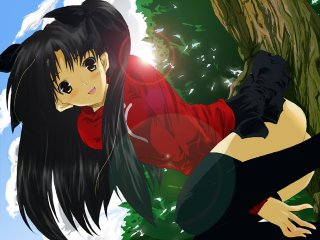 Woman red shirt tree crossed - synthetism free wallpaper