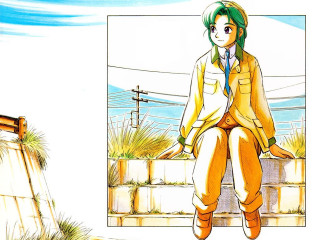 Green hair girl sitting ledge - a sky background and a building in the background free wallpaper
