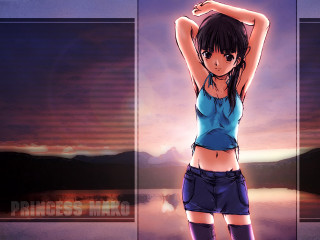 Girl blue top shorts sunset - her arm behind her head free wallpaper