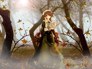 Woman green dress forest autumn 2 - gothic free wallpaper