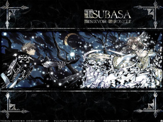 Snowy forest anime couple moon - white writing free wallpaper