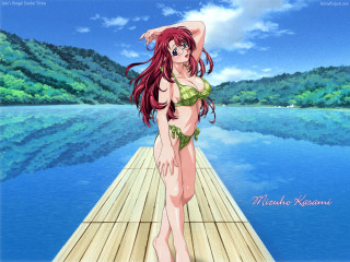 Woman bikini dock water mountain - sōsaku hanga free wallpaper