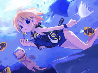 Diving woman cat fish shark - hint of yayoi kasuma free wallpaper