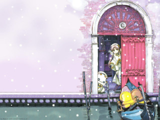 Girl dog pink door winter - magical free wallpaper for desktop
