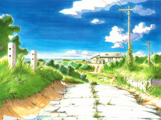 Road house clouds blue sky - a house in the background free wallpaper