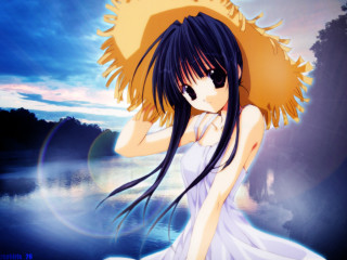 Woman strawhat white dress lake - a lake in the background free wallpaper