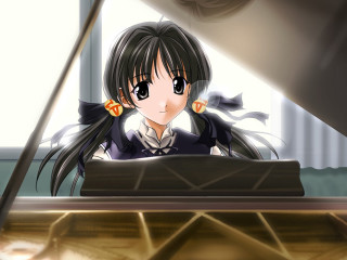 Girl piano ponytailed bow rayonism - a girl sitting free wallpaper