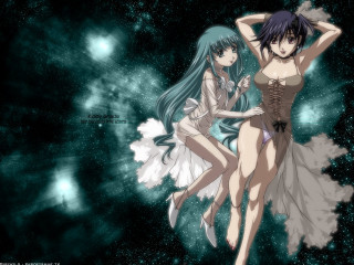 Space girls stars aurora moonfireworks - a green background free wallpaper