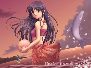 Girl beach dolphin pink sunset - a pink sky free wallpaper