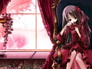 Woman red dress window pink - gothic free wallpaper for desktop