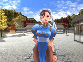 Woman blue dress courtyard sky - chen hong free wallpaper