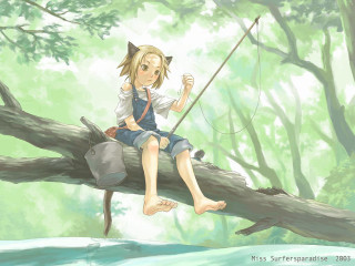 Girl cat fishing tree portrait - fantasy art free wallpaper for desktop