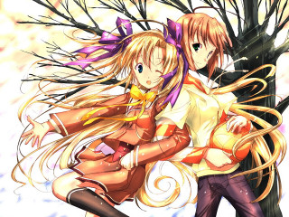 Anime hugging girls tree bird 2 - a manga drawing free wallpaper for desktop