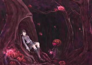 Hollow girl pumpkins forest gothic - dark atmosphere free wallpaper