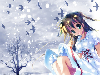 Girl snow white dress birds - a tree in the background free wallpaper