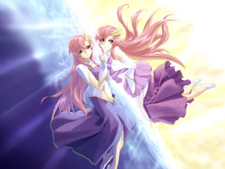 Anime girls hug purple dress - a blue sky behind them free wallpaper