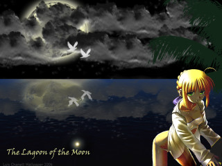 Girl moon birds anime planet - a ledge in front free wallpaper