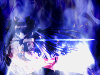 Anime girl sword demon blue - a blue light behind her free wallpaper