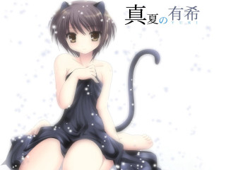 Woman cat ears snow sitting - sōsaku hanga free wallpaper