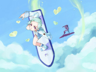 Aqua hair cartoon flying surfboard - pop surrealism free wallpaper