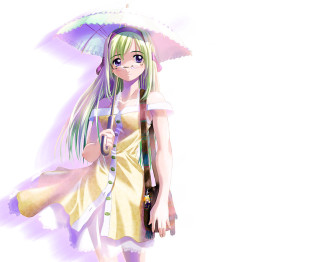 Girl umbrella dress green hair - holding free wallpaper