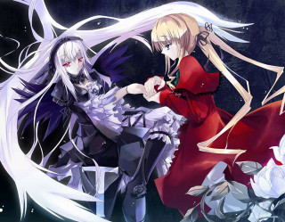Anime gothic flowers sword blonde - a bench in front free wallpaper