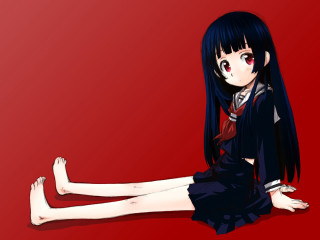 Girl black hair sitting red - her leg free wallpaper