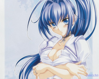 Anime bluehair whiteShirt crossedarms portrait - sōsaku hanga free wallpaper
