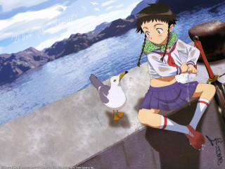 Girl schooluniform seagull beach boat - a matte painting free wallpaper