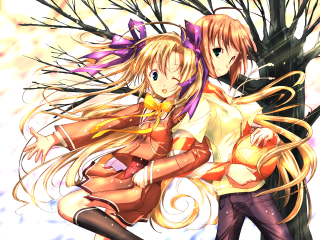 Anime hugging girls tree bird - two anime character free wallpaper