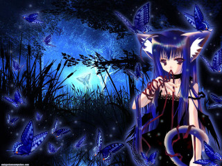 Blue hair cat costume butterflies - gothic free wallpaper for desktop