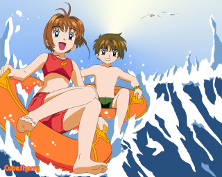 Boy girl boogieboard ocean wave - together free wallpaper