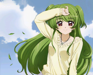 Green haired girl red eyes - net art free wallpaper
