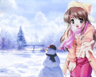 Girl pink dress snowman trees - alice prin free wallpaper