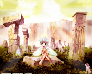 Girl angel wings forest ruins - a cartoon of a girl free wallpaper