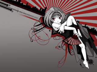 Gothic anime woman red white - a city skyline in the background free wallpaper