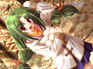 Green haired woman sword autumn - official art free wallpaper for desktop