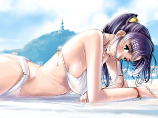 Beach bikini castle blue sky - a cartoon picture of a woman in a bikini free wallpaper