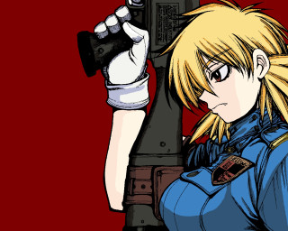 Woman uniform gun red background - a red background behind her free wallpaper