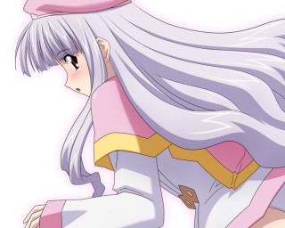 Girl longwhitehair pinkhat sitting lookingback - hint of yayoi kasuma free wallpaper