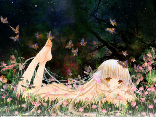 Girl flower field butterflies moon - butterfly free wallpaper