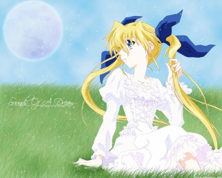 Blonde girl field blue bow - neoromanticism free wallpaper