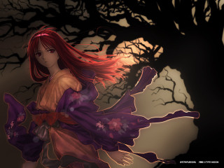 Woman redhair purpledress fullmoon japanesekimono - front of a tree free wallpaper